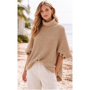 J.Crew waffle knit turtleneck poncho Sandy Beach L/XL 100% cotton #772
